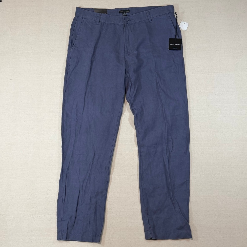 Saks Fifth Avenue Mens 100% Linen Pants 36 x 30 Denim Blue NWT